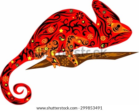 Red abstract chameleon. The chameleon sits, the animal with a pattern, a lizard with drawing, a chameleon illustration, a reptile with a pattern kowtowing with a flower, a big eye, one lizard