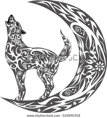 The wolf howls, the wild animal, an animal costs during a month, the dog howls on the moon, an animal with a pattern,  a creature with drawing, a flower on a body, the wild nature,