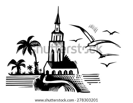 Digital engraving - black and white vector - line drawing - Colonial monastery