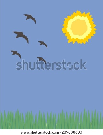 Flock of birds flying towards the sun on blue sky background and green grass. Vector illustration. Peaceful scenery in summertime with sunshine. Migratory birds.