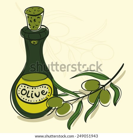 illustration of a glass bottle with olive oil and olives branch