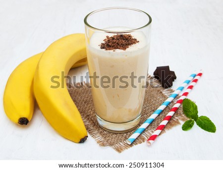 Banana smoothie with chocolate on a old white wooden background