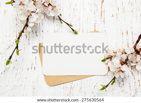 spring apricot blossom with card on a wooden background