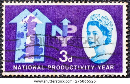 GREAT BRITAIN - CIRCA 1962: a vintage stamp printed in the Great Britain shows Two Arrows and Map of the British Isles, National Productivity Year, circa 1962