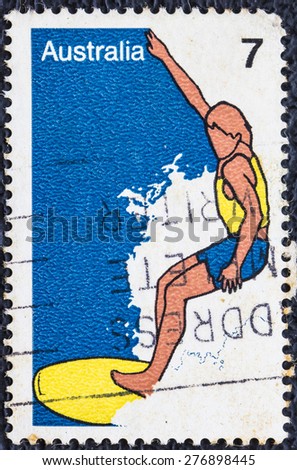 AUSTRALIA - CIRCA 1974: A vintage stamp printed in AUSTRALIA shows the windsurfing, Sport series, circa 1974