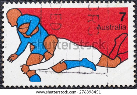 AUSTRALIA - CIRCA 1974: A vintage stamp printed in AUSTRALIA shows the Rugby, Sport series, circa 1974