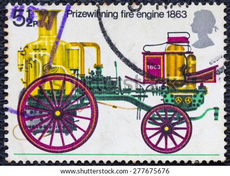 United Kingdom Circa 1974 : A vintage stamp printed in United kingdom shows Prize Winning Sutherland Fire Engine, 1863, circa 1974