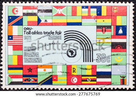 KENYA - CIRCA 1972: A stamp printed in Kenya, shows flags of Africa, devoted First All Africa Trade Fair in Nairobi, circa 1972