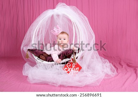 Funny little baby with pink crown on his head lying in a basket on pink background