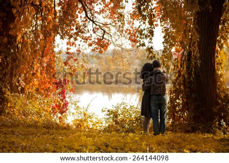 Love story. Couple standing by the pond in the autumn park. They hug and enjoy nature. They are surrounded by yellow, orange trees and shrubs. Yellow-orange tinted photograph.
