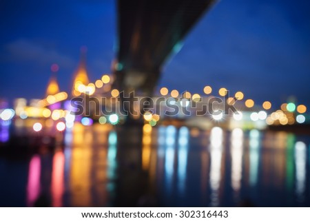 Bhumibol bridge in Bangkok Thailand bridge light in blurry , Colorful bokeh Abstract background bridge light