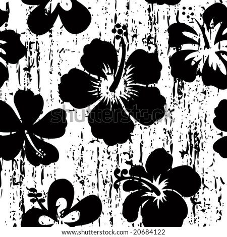 stock vector : Grunge, black and white hibiscus seamless tile pattern.