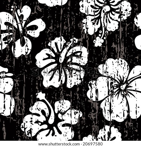 stock vector : Grunge, black and white hibiscus seamless tile pattern.