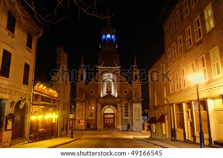 Illuminated Street at Night and Church Background