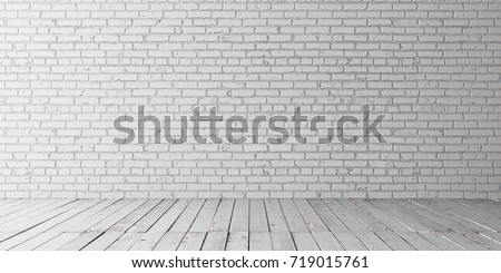 White empty place with wooden floors and brick wall. Mock up template for display or montage of product. Studio or office blank space. 3D render