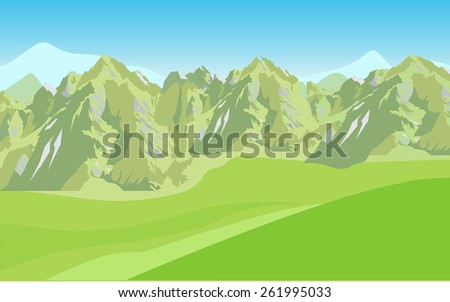 Mountains range and green valley. Horizontal landscape vector background.