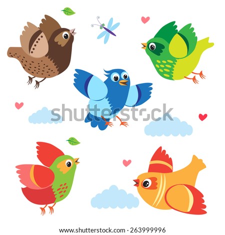 Flying colorful birds. Set cartoon illustration. Isolated on white background.