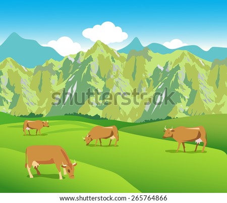 Cows on the Alpine meadows.Mountains range and green valley. Background for label, sticker, print, packing, web.Landscape vector.