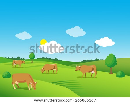 Landscape with green meadow and cows.Beautiful valley. Background for label, sticker, print, packing,web. Horizontal vector image.