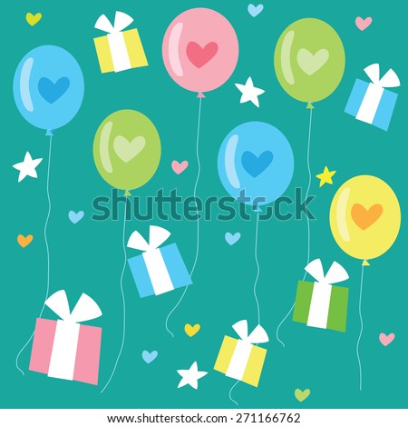 Birthday seamless pattern with color balloons, hearts and gifts.Vector background illustration.
