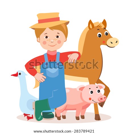 Young farmer with farm animals- horse, pig, goose . Cartoon vector illustration on a white background.