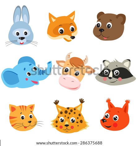 Animals faces  icons set - bear, elephant, cow, raccoon , squirrel, lynx, cat  . Zoo infographics design. Cartoon vector.