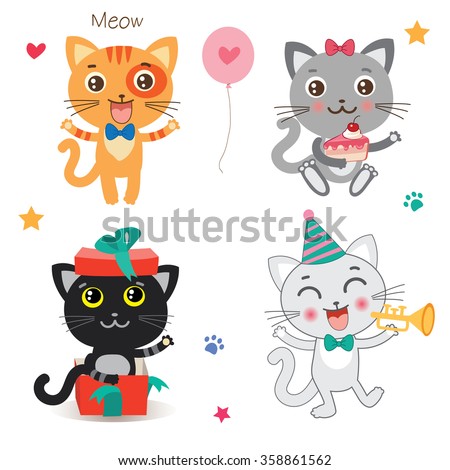 Set Of Cute Little Cats. Cartoon Animal Vector Collection On A White Background. Cutie Cat Pictures. Cutie Birthday Cat Drawing. Celebration Cat Set.