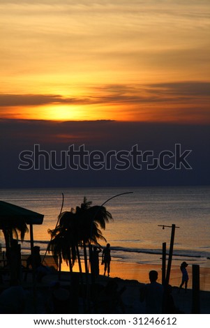 Golden sunset at the coast of the sea with people and palms