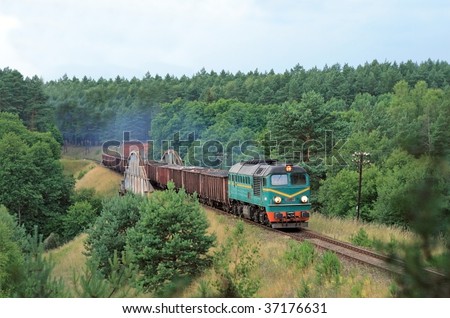 Freight train hauled by the diesel locomotive passing the forest