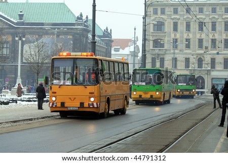 POZNAN, POLAND - JANUARY 16: Solemn farewell of high-floor buses in the parade, combined with the celebration of 85 years of bus service on January 16, 2010 in Poznan, Poland