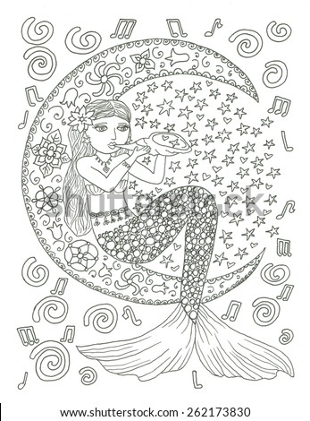 Mermaid on the moon coloring page