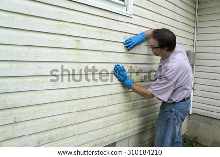 Contractor cleaning algae and mold from vinyl siding of a customers home.