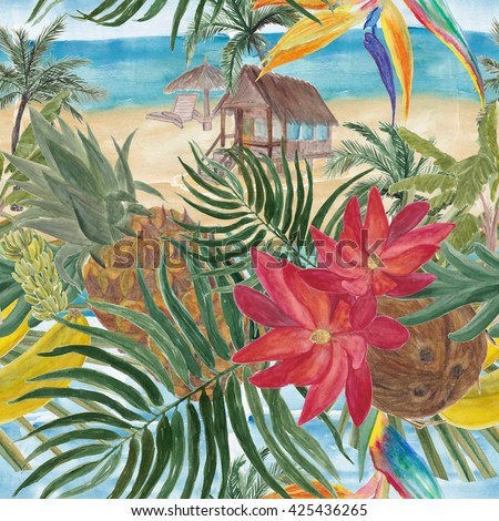 Watercolor painting seamless pattern tropical, palm trees, bananas, pineapples, coconuts, sea and beach. Tropical garden and beach.