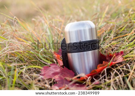 Vacuum flask on autumn background