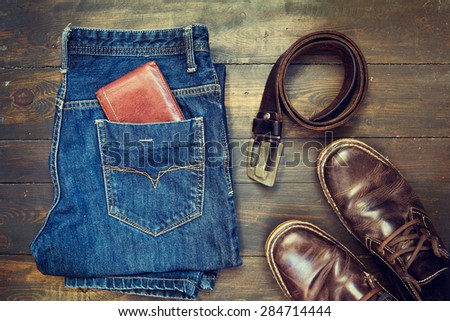 Jeans, belt , shoes and wallet