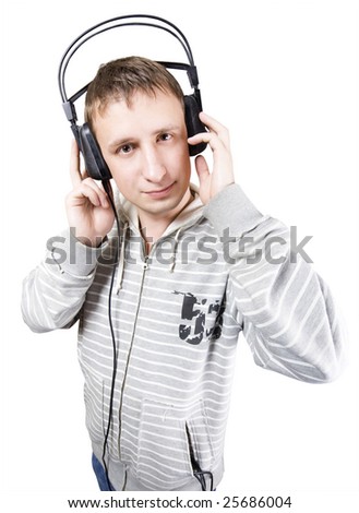 Young man listens to music