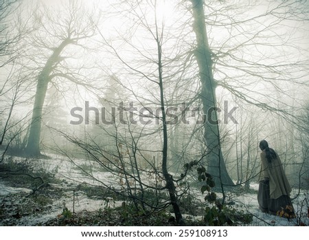 Mystic forest with walking woman