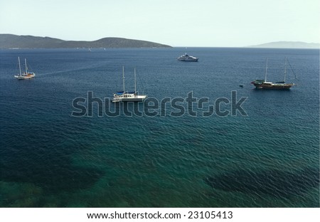 View of the Aegean Sea with yachts and islands Bodrum, Turkey Kos Island, Greece