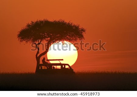 African sunset with safari car and desert date tree