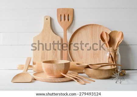 still life with wood utensils on wood background