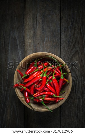 Red Hot Chili Peppers in wooden bowl on old wooden background, Overhead view of chili pepper on wood background, Dark food photography with red chili pepper