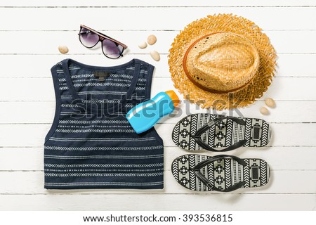 Summer holiday background, Beach accessories on white wood board, Vacation and travel items