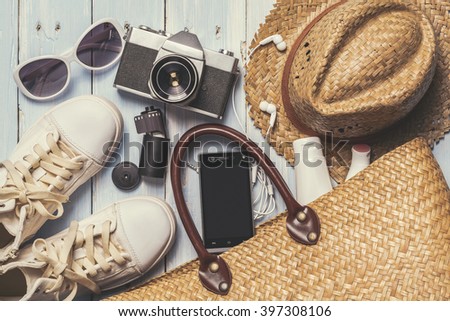 Overhead view of woman's casual outfits, Outfit of female traveler