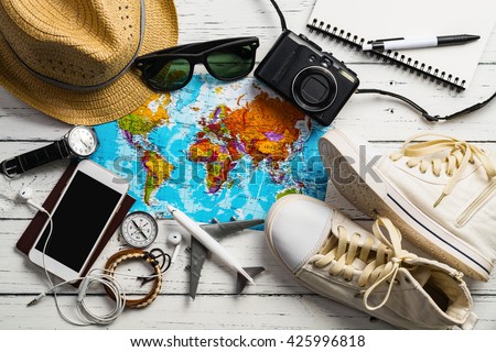 Overhead view of Traveler\'s accessories, Essential vacation items, Travel concept background
