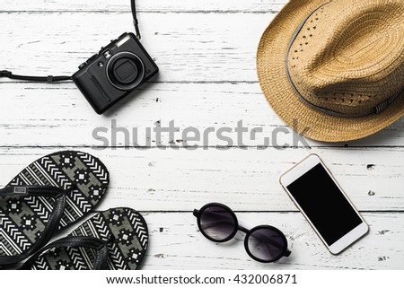 Summer holiday background, Beach accessories on table, Vacation and travel items