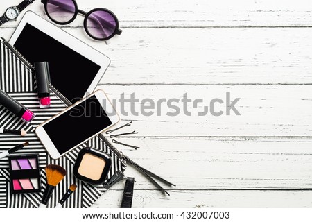 Overhead view of essential beauty items, Top view of cosmetics and female accessories