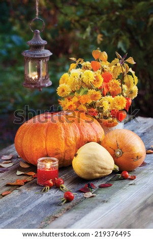 Composition with autumn vegetables and flowers in the garden