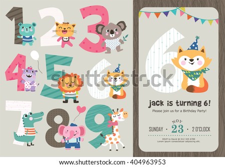 Birthday Anniversary Numbers with Cute Animals & Birthday Party Invitation Card Template