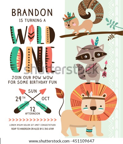 Kids birthday party invitation card with cartoon tribal animals