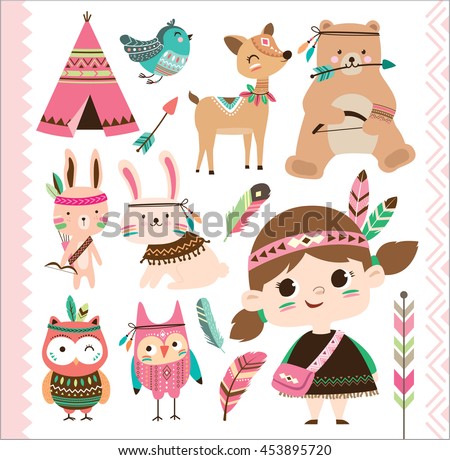 Set of cute tribal animals and a little girl in cartoon style